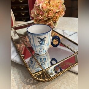 Holland Delft Blue Vintage Ceramic Mug w Wooden Shoes, Tulips & Kissing Couple